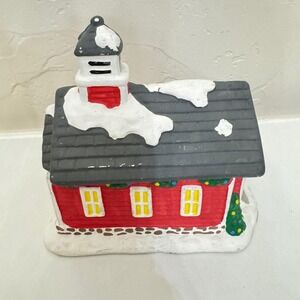 Vintage 1996 Figis RT Ceramic Christmas Village Schoolhouse Tea Light Holder Red